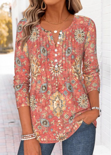 women clothes image of Red Tribal Print Tuck Stitch Long Sleeve T Shirt