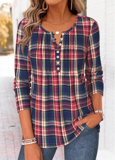 women clothes image of Multi Color Plaid Tuck Stitch Long Sleeve T Shirt