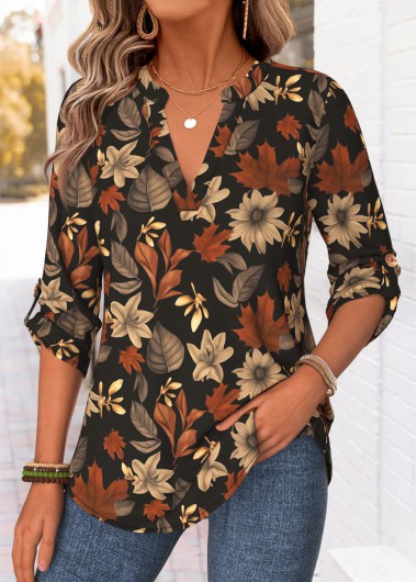 women clothes image of Multi Color Floral Print Curved Hem Long Sleeve Shirt