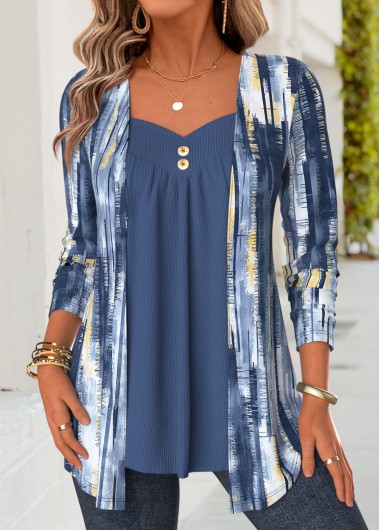 women clothes image of Blue Geometric Print Long Sleeve Fake Two Piece Twinset