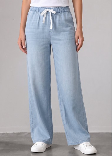 women clothes image of Denim Blue Straight Leg Elastic Waist Mid Waisted Jeans