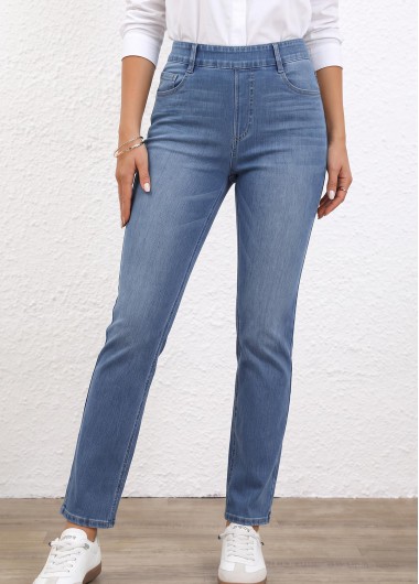 women clothes image of Denim Blue Elastic Waist High Waisted Jeans