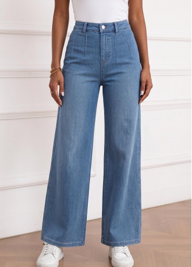women clothes image of Denim Blue Wide Leg Button Fly High Waisted Jeans