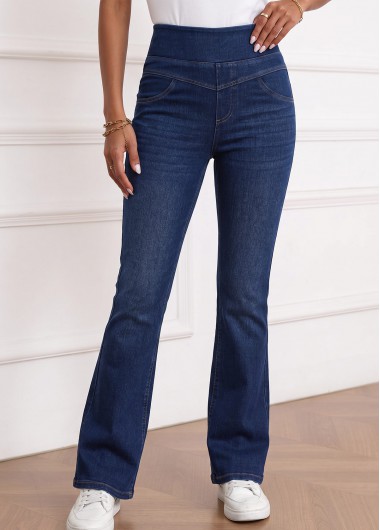 women clothes image of Denim Blue Flare Leg Elastic Waist High Waisted Jeans