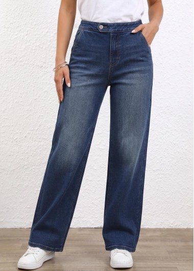 women clothes image of Denim Blue Straight Leg Button Fly High Waisted Jeans