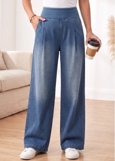 women clothes image of Denim Blue Wide Leg Elastic Waist High Waisted Jeans