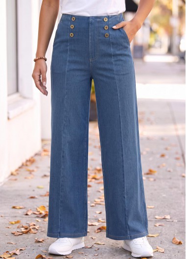 women clothes image of Denim Blue Wide Leg Zipper Fly Mid Waisted Jeans