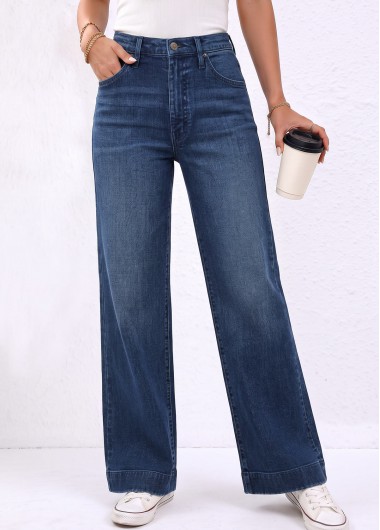 women clothes image of Denim Blue Straight Leg Zipper Fly High Waisted Jeans