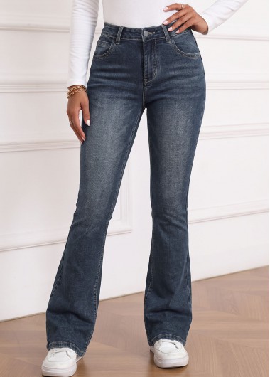 women clothes image of Denim Blue Flare Leg Zipper Fly High Waisted Jeans