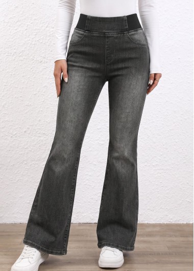 women clothes image of Dark Grey Flare Leg Elastic Waist High Waisted Jeans