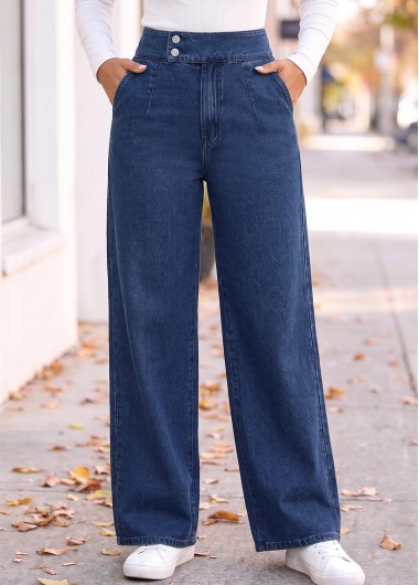 women clothes image of Denim Blue Wide Leg Button Fly High Waisted Jeans