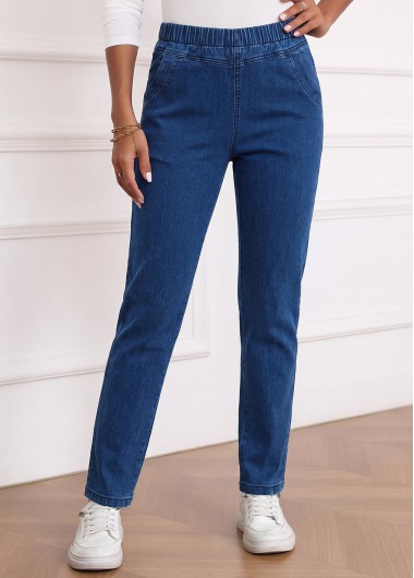 women clothes image of Denim Blue Elastic Waist High Waisted Jeans