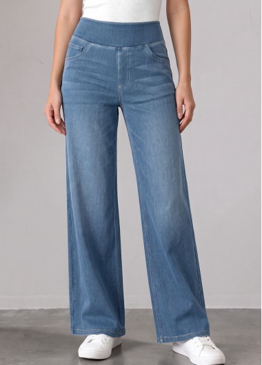 women clothes image of Denim Blue Straight Leg Elastic Waist High Waisted Jeans