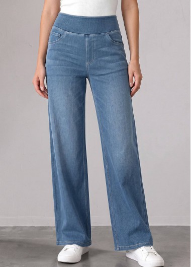 women clothes image of Denim Blue Straight Leg Elastic Waist High Waisted Jeans