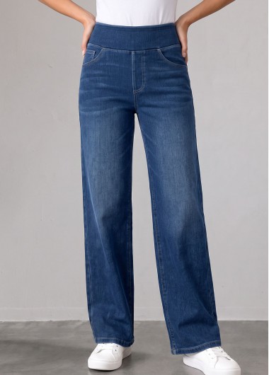 women clothes image of Denim Blue Straight Leg Elastic Waist High Waisted Jeans