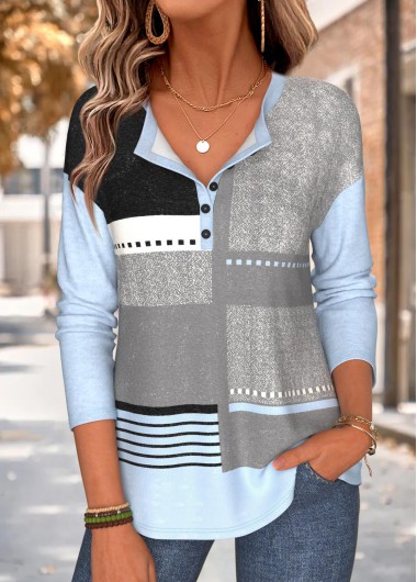 women clothes image of Multi Color Geometric Print Button Long Sleeve T Shirt