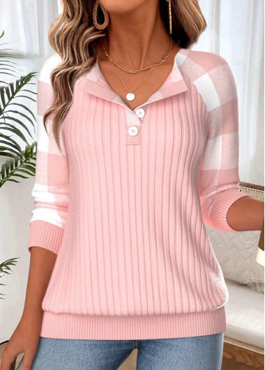 women clothes image of Light Pink Plaid Button Long Sleeve Round Neck Sweatshirt