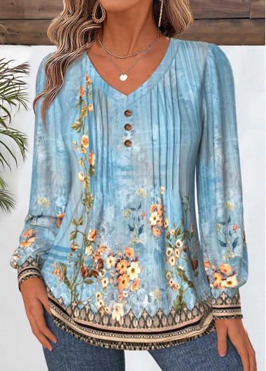 women clothes image of Blue Random Floral Print Tuck Stitch T Shirt