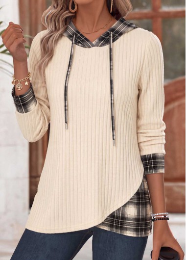 women clothes image of Beige Plaid Patchwork Long Sleeve Hoodie
