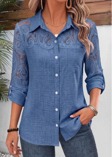 women clothes image of Denim Blue Single Chest Pocket Long Sleeve Shirt