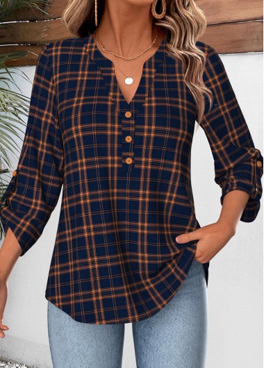 women clothes image of Navy Plaid Curved Hem 3/4 Sleeve Split Neck Blouse