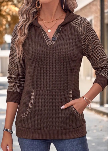 women clothes image of Dark Coffee Kangaroo Pocket Long Sleeve Hoodie