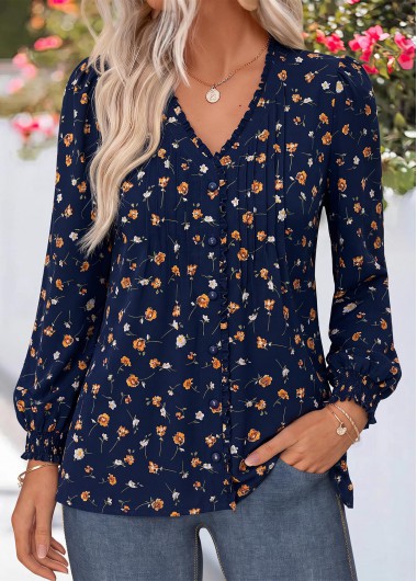 women clothes image of Navy Floral Print Frill 3/4 Sleeve V Neck Blouse