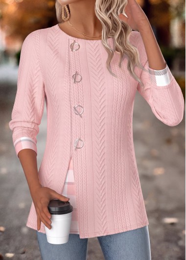 women clothes image of Light Pink Plaid Long Sleeve Fake Two Piece Twinset