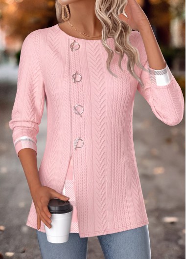women clothes image of Light Pink Plaid Long Sleeve Fake Two Piece Twinset
