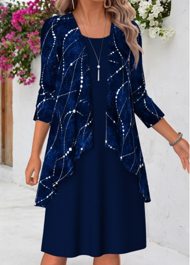 women clothes image of Navy Geometric Print Tummy Coverage Dress and Cardigan