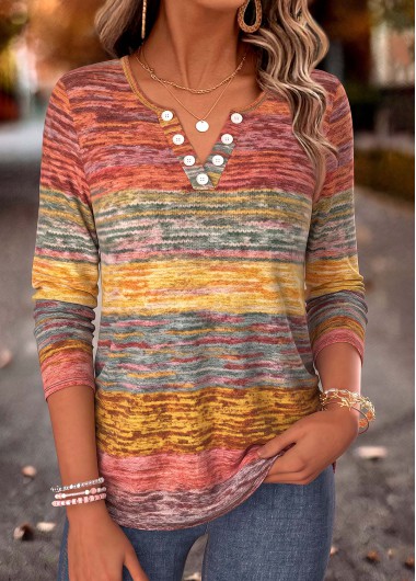 women clothes image of Multi Color Geometric Print Button Long Sleeve T Shirt