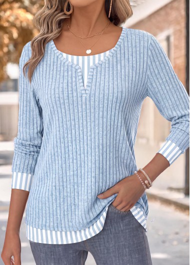 women clothes image of Light Blue Striped Long Sleeve Split Neck T Shirt