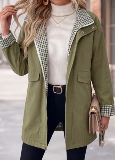 women clothes image of Green Patchwork Plaid Long Sleeve Hooded Coat