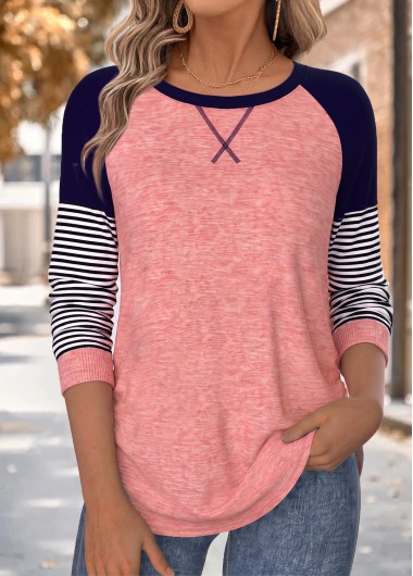 women clothes image of Pink Striped Curved Hem Long Sleeve T Shirt