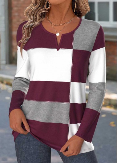women clothes image of Wine Red Geometric Print Curved Hem T Shirt