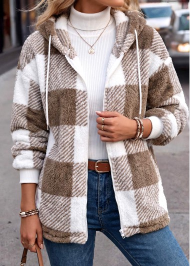 women clothes image of Light Coffee Double Side Pockets Plaid Long Sleeve Coat