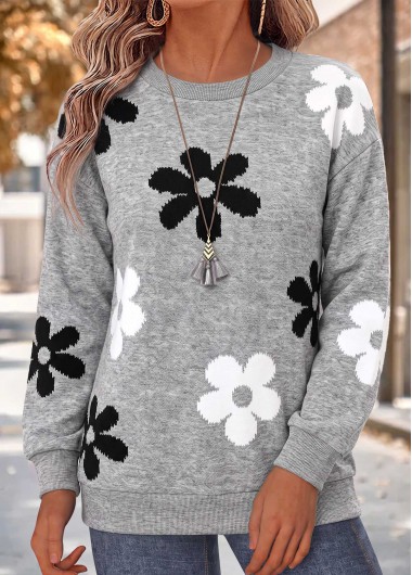 women clothes image of Light Grey Marl Floral Print Tummy Coverage Sweatshirt