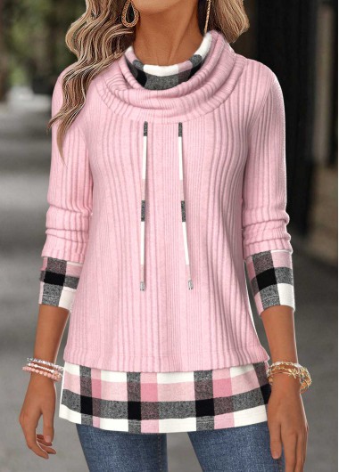 women clothes image of Pink Plaid Patchwork Long Sleeve Cowl Neck Sweatshirt