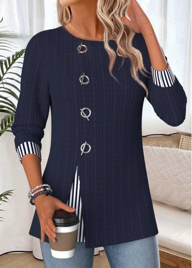 women clothes image of Navy Striped Patchwork Long Sleeve Round Neck Blouse