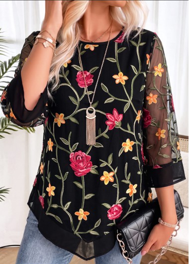 women clothes image of Black Floral Print Double Lined 3/4 Sleeve Blouse