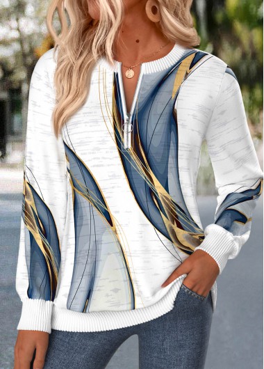 women clothes image of Plus Size White Geometric Print Zipper Long Sleeve Sweatshirt