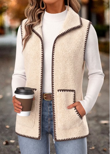women clothes image of Beige Double Side Pockets Sleeveless Shirt Collar Waistcoat