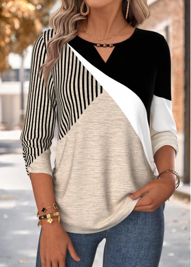 women clothes image of Light Coffee Geometric Print Shirred 3/4 Sleeve Blouse