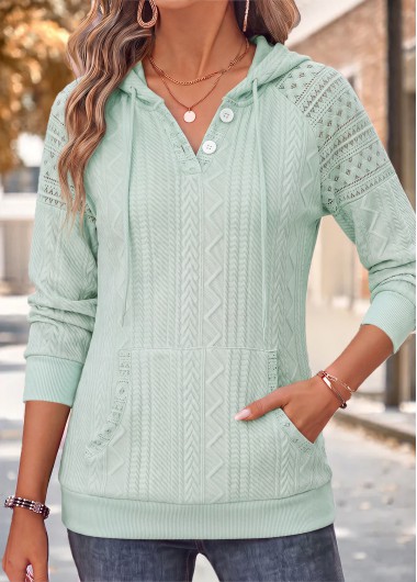 women clothes image of Mint Green Kangaroo Pocket Long Sleeve Hoodie