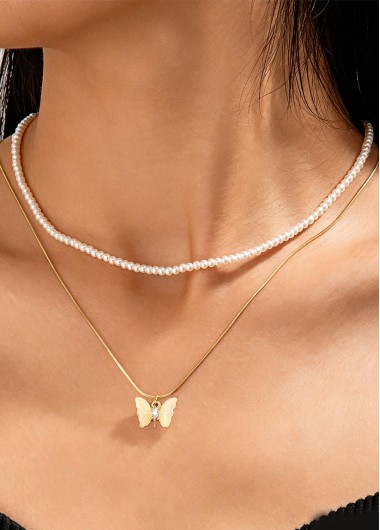 women clothes image of Golden Bow Alloy Necklace with Pearl Chain
