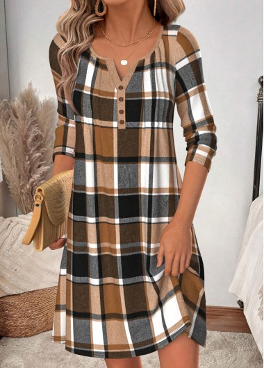women clothes image of Light Coffee Plaid Short Tuck Stitch A Line Dress