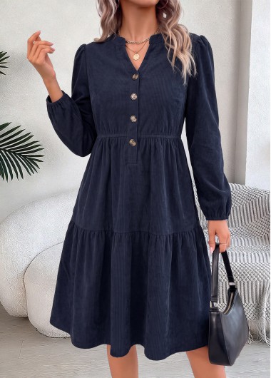 women clothes image of Navy Tummy Coverage Long Sleeve Split Neck Dress