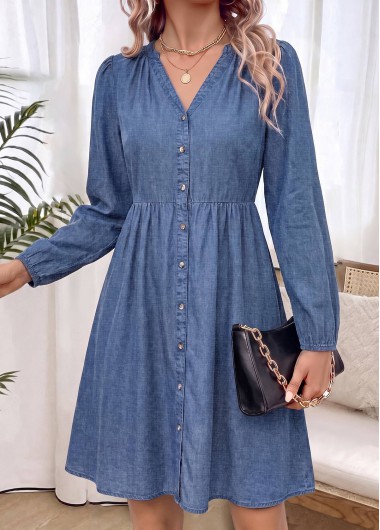women clothes image of Denim Blue Shirred Long Sleeve Split Neck Dress