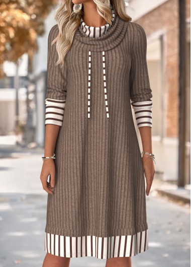 women clothes image of Dark Coffee Striped Patchwork Long Sleeve High Neck Dress