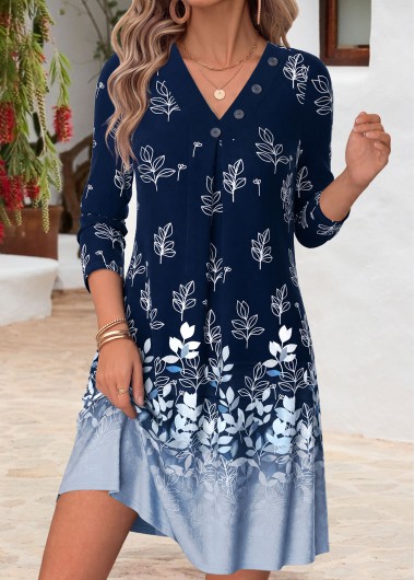 women clothes image of Navy Leaf Print Short Tummy Coverage Long Sleeve Dress